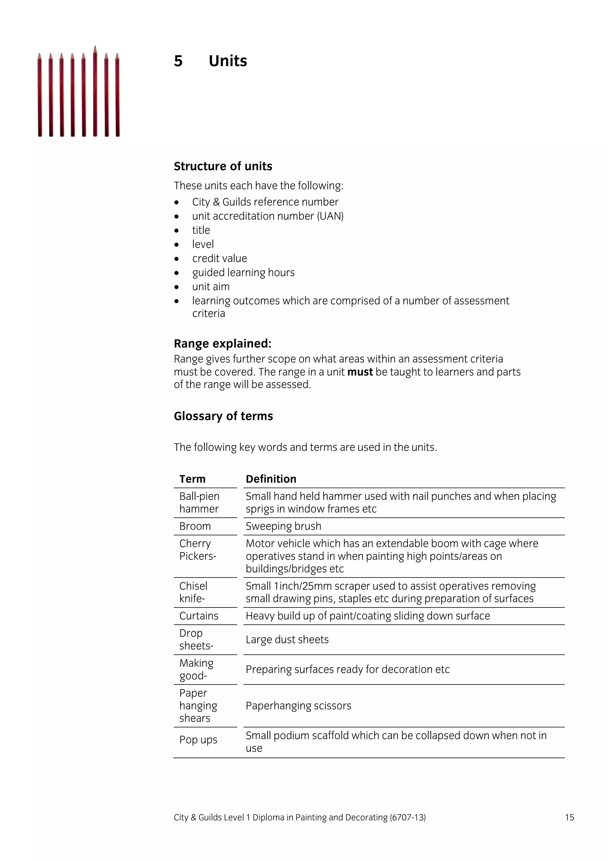 City & Guilds Level 1 Diploma in Painting and Decorating (6707-13) 15
5 Units
Structure of units
These units each have the following:
 City & Guilds reference number
 unit accreditation number (UAN)
 title
 level
 credit value
 guided learning hours
 unit aim
 learning outcomes which are comprised of a number of assessment
criteria
Range explained:
Range gives further scope on what areas within an assessment criteria
must be covered. The range in a unit must be taught to learners and parts
of the range will be assessed.
Glossary of terms
The following key words and terms are used in the units.
Term Definition
Ball-pien
hammer
Small hand held hammer used with nail punches and when placing
sprigs in window frames etc
Broom Sweeping brush
Cherry
Pickers-
Motor vehicle which has an extendable boom with cage where
operatives stand in when painting high points/areas on
buildings/bridges etc
Chisel
knife-
Small 1inch/25mm scraper used to assist operatives removing
small drawing pins, staples etc during preparation of surfaces
Curtains Heavy build up of paint/coating sliding down surface
Drop
sheets-
Large dust sheets
Making
good-
Preparing surfaces ready for decoration etc
Paper
hanging
shears
Paperhanging scissors
Pop ups Small podium scaffold which can be collapsed down when not in
use
 