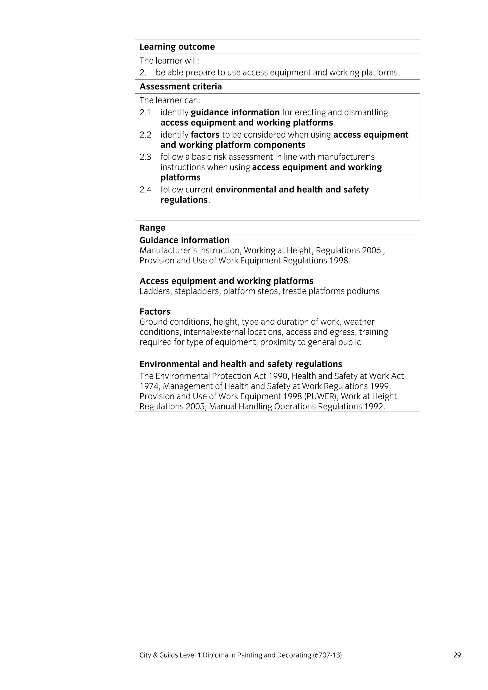 City & Guilds Level 1 Diploma in Painting and Decorating (6707-13) 29
Learning outcome
The learner will:
2. be able prepare to use access equipment and working platforms.
Assessment criteria
The learner can:
2.1 identify guidance information for erecting and dismantling
access equipment and working platforms
2.2 identify factors to be considered when using access equipment
and working platform components
2.3 follow a basic risk assessment in line with manufacturer’s
instructions when using access equipment and working
platforms
2.4 follow current environmental and health and safety
regulations.
Range
Guidance information
Manufacturer’s instruction, Working at Height, Regulations 2006 ,
Provision and Use of Work Equipment Regulations 1998.
Access equipment and working platforms
Ladders, stepladders, platform steps, trestle platforms podiums
Factors
Ground conditions, height, type and duration of work, weather
conditions, internal/external locations, access and egress, training
required for type of equipment, proximity to general public
Environmental and health and safety regulations
The Environmental Protection Act 1990, Health and Safety at Work Act
1974, Management of Health and Safety at Work Regulations 1999,
Provision and Use of Work Equipment 1998 (PUWER), Work at Height
Regulations 2005, Manual Handling Operations Regulations 1992.
 