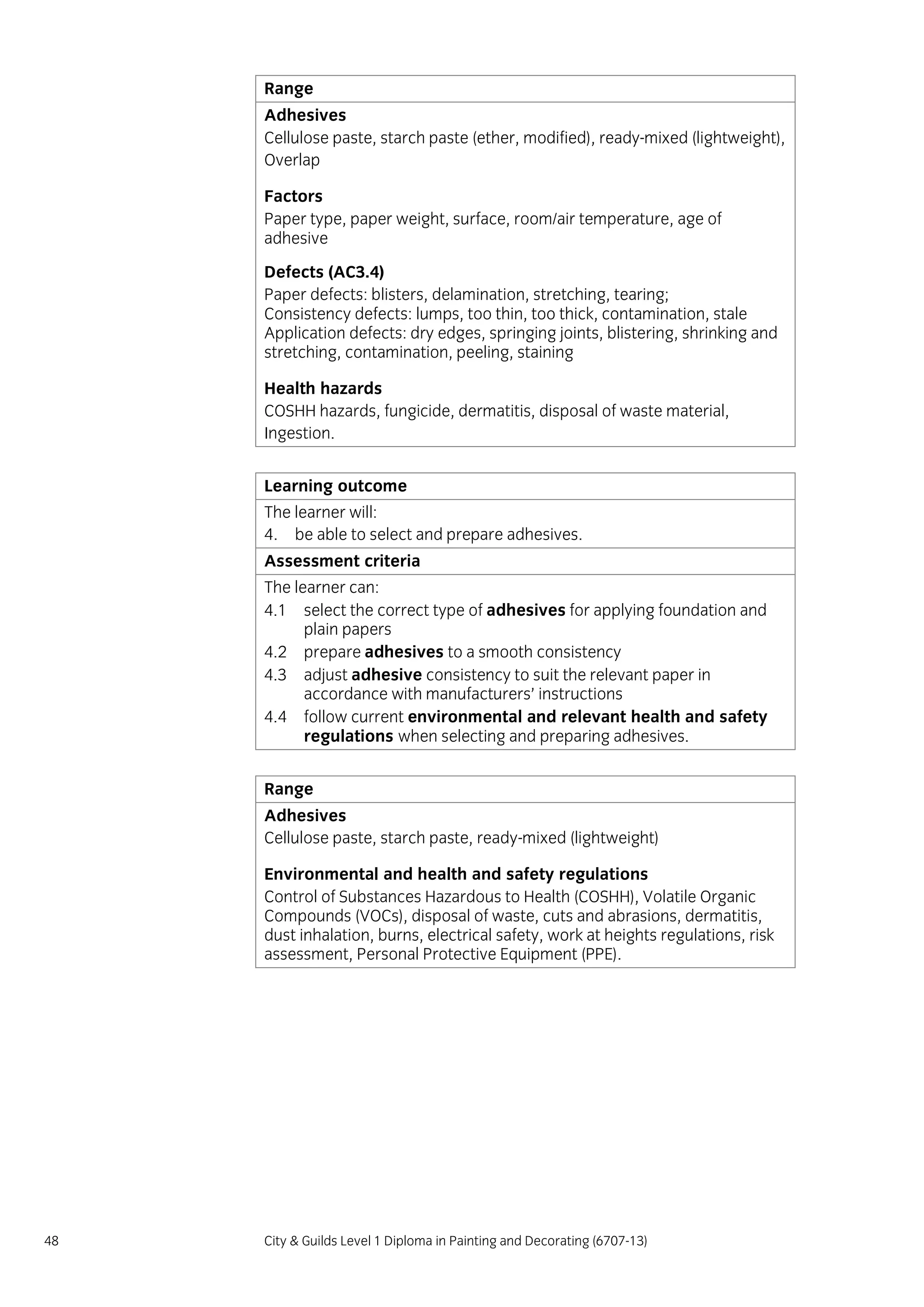 48 City & Guilds Level 1 Diploma in Painting and Decorating (6707-13)
Range
Adhesives
Cellulose paste, starch paste (ether, modified), ready-mixed (lightweight),
Overlap
Factors
Paper type, paper weight, surface, room/air temperature, age of
adhesive
Defects (AC3.4)
Paper defects: blisters, delamination, stretching, tearing;
Consistency defects: lumps, too thin, too thick, contamination, stale
Application defects: dry edges, springing joints, blistering, shrinking and
stretching, contamination, peeling, staining
Health hazards
COSHH hazards, fungicide, dermatitis, disposal of waste material,
Ingestion.
Learning outcome
The learner will:
4. be able to select and prepare adhesives.
Assessment criteria
The learner can:
4.1 select the correct type of adhesives for applying foundation and
plain papers
4.2 prepare adhesives to a smooth consistency
4.3 adjust adhesive consistency to suit the relevant paper in
accordance with manufacturers’ instructions
4.4 follow current environmental and relevant health and safety
regulations when selecting and preparing adhesives.
Range
Adhesives
Cellulose paste, starch paste, ready-mixed (lightweight)
Environmental and health and safety regulations
Control of Substances Hazardous to Health (COSHH), Volatile Organic
Compounds (VOCs), disposal of waste, cuts and abrasions, dermatitis,
dust inhalation, burns, electrical safety, work at heights regulations, risk
assessment, Personal Protective Equipment (PPE).
 
