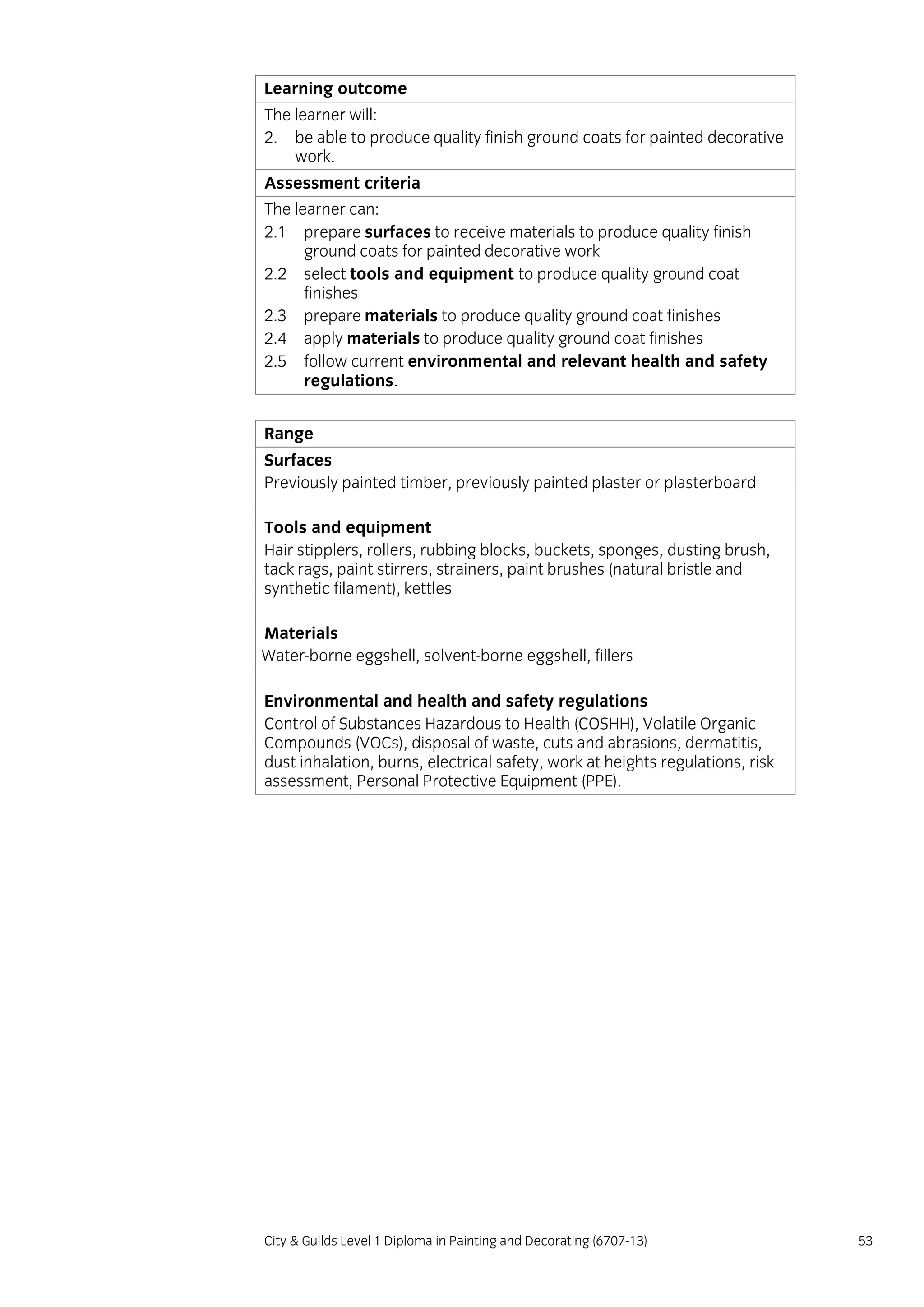 City & Guilds Level 1 Diploma in Painting and Decorating (6707-13) 53
Learning outcome
The learner will:
2. be able to produce quality finish ground coats for painted decorative
work.
Assessment criteria
The learner can:
2.1 prepare surfaces to receive materials to produce quality finish
ground coats for painted decorative work
2.2 select tools and equipment to produce quality ground coat
finishes
2.3 prepare materials to produce quality ground coat finishes
2.4 apply materials to produce quality ground coat finishes
2.5 follow current environmental and relevant health and safety
regulations.
Range
Surfaces
Previously painted timber, previously painted plaster or plasterboard
Tools and equipment
Hair stipplers, rollers, rubbing blocks, buckets, sponges, dusting brush,
tack rags, paint stirrers, strainers, paint brushes (natural bristle and
synthetic filament), kettles
Materials
Water-borne eggshell, solvent-borne eggshell, fillers
Environmental and health and safety regulations
Control of Substances Hazardous to Health (COSHH), Volatile Organic
Compounds (VOCs), disposal of waste, cuts and abrasions, dermatitis,
dust inhalation, burns, electrical safety, work at heights regulations, risk
assessment, Personal Protective Equipment (PPE).
 