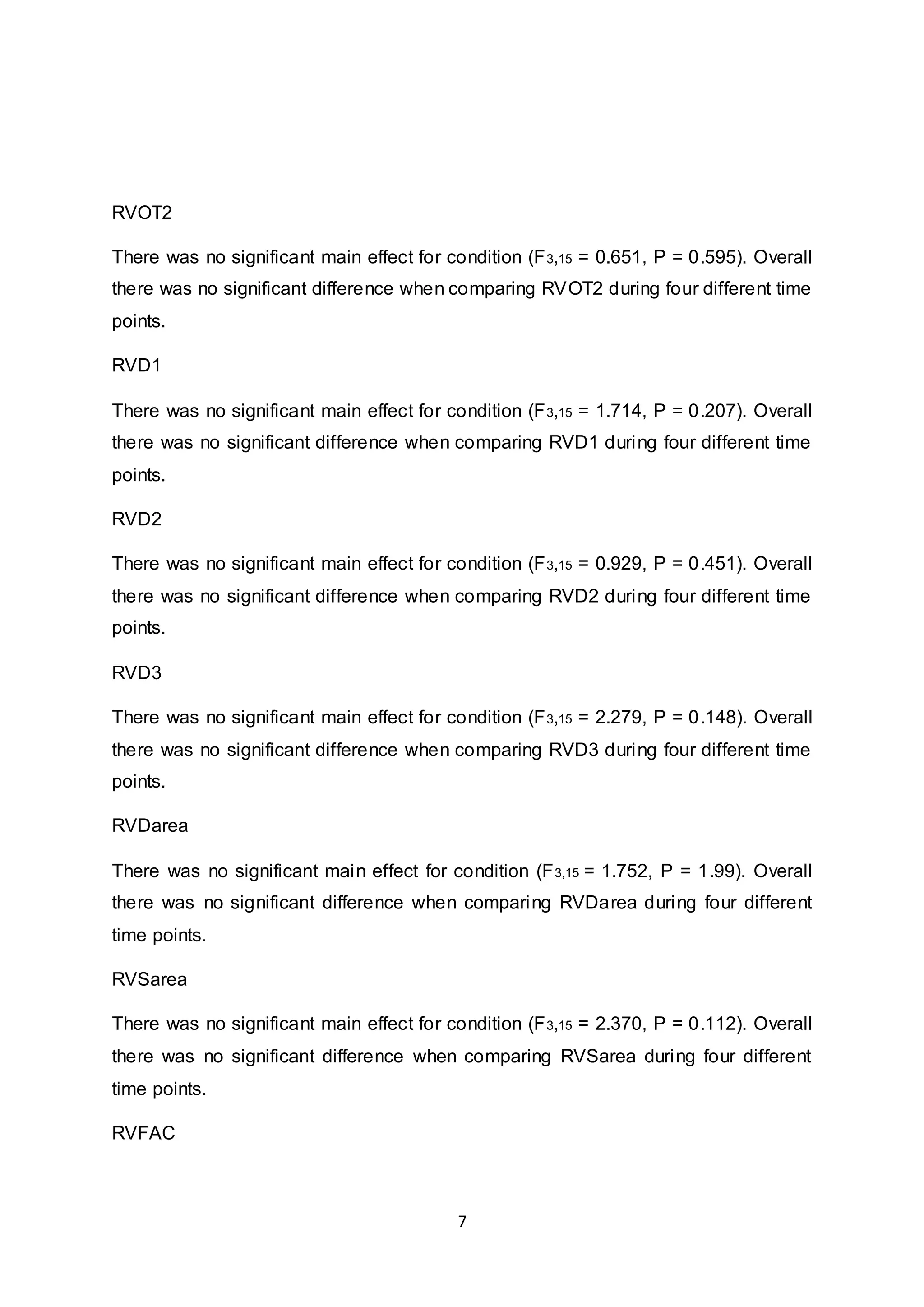 7
RVOT2
There was no significant main effect for condition (F3,15 = 0.651, P = 0.595). Overall
there was no significant difference when comparing RVOT2 during four different time
points.
RVD1
There was no significant main effect for condition (F3,15 = 1.714, P = 0.207). Overall
there was no significant difference when comparing RVD1 during four different time
points.
RVD2
There was no significant main effect for condition (F3,15 = 0.929, P = 0.451). Overall
there was no significant difference when comparing RVD2 during four different time
points.
RVD3
There was no significant main effect for condition (F3,15 = 2.279, P = 0.148). Overall
there was no significant difference when comparing RVD3 during four different time
points.
RVDarea
There was no significant main effect for condition (F3,15 = 1.752, P = 1.99). Overall
there was no significant difference when comparing RVDarea during four different
time points.
RVSarea
There was no significant main effect for condition (F3,15 = 2.370, P = 0.112). Overall
there was no significant difference when comparing RVSarea during four different
time points.
RVFAC
 