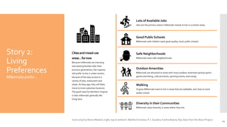 Lots of Available Jobs
Jobs are the primary reason millennials choose to live in a certain areas.
Good Public Schools
Millennials with children want good quality, local, public schools.
Safe Neighborhoods
Millennials want safe neighborhoods.
OutdoorAmenities
Millennials are attracted to areas with many outdoor amenities (pickup sports
games and hiking, cultural events, sporting events, exercising).
Walking
Virginia Millennials want to live in areas that are walkable, and close to work
and/or school.
Diversity in their Communities
Millennials value diversity in areas where they live.
Story 2:
Living
Preferences
Millennialsprefer…
Citiesandmixed-use
areas…fornow
Because millennials are marrying
and starting families later than
previous generations, the majority
still prefer to live in urban centers
because of the easy access to a
variety of jobs, restaurants and
shops. As they age, they will likely
move to more suburban locations.
The good news for Northern Virginia
is that millennials generally like
living here.
12
Icons (city) by Remy Medard, (right, top to bottom) Martha Ormiston, P.J. Souders, Karlina Bueno, Ryo Sato from the Noun Project.
 