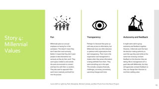 Story 4:
Millennial
Values
Fun
Millennials place an unusual
emphasis on having fun in the
workplace. This doesn’t mean they
don’t take their work seriously.
Rather it means that they don’t want
people to take themselves too
seriously as they do their work. They
want space created in and outside
the work environment to connect
and have fun with their co-workers.
They also want to approach their
work more creatively and build fun
into the process.
Transparency
Perhaps it is because they grew up
with easy access to information, but
Millennials have very little tolerance
or patience with organizations that
lack transparency. Their trust in the
organization and management is
shaken when they sense information
is being withheld from them. They
want everything out in the open.
This includes company financials,
challenges, successes, promotions,
upcoming changes and more.
Autonomy and feedback
It might seem odd to group
autonomy and feedback together.
However, millennials want the have
the decision making authority to
work the way they want while at the
same time receiving constant
feedback on the direction they are
taking. Micro-management isn’t a
good idea with Millennials, but they
still appreciate constant feedback so
they can change their direction to
one that is adding value.
15
Icons (left to right) by Felix Westphal, Michal Czekala, and Ben Pixels from the Noun Project.
 