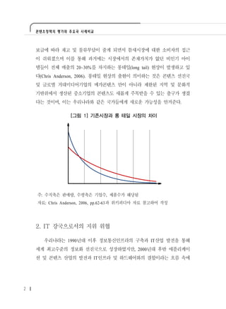 콘텐츠정책의 평가와 주요국 사례비교




    보급에 따라 재고 및 물류부담이 줄게 되면서 틈새시장에 대한 소비자의 접근
    이 쉬워졌으며 이를 통해 과거에는 시장에서의 존재가치가 없던 비인기 아이
    템들이 전체 매출의 20~30%를 차지하는 롱테일(long tail) 현상이 발생하고 있
    다(Chris Anderson, 2006). 롱테일 현상의 출현이 의미하는 것은 콘텐츠 선진국
    및 글로벌 거대미디어기업의 메가콘텐츠 만이 아니라 제한된 지역 및 문화적
    기반위에서 생산된 중소기업의 콘텐츠도 새롭게 주목받을 수 있는 출구가 생겼
    다는 것이며, 이는 우리나라와 같은 국가들에게 새로운 가능성을 안겨준다.

                 [그림 1] 기존시장과 롱 테일 시장의 차이




    주: 수직축은 판매량, 수평축은 기업수, 제품수가 해당됨
    자료: Chris Anderson, 2006, pp.62-63과 위키피디아 자료 참고하여 작성




    2. IT 강국으로서의 지위 위협

      우리나라는 1990년대 이후 정보통신인프라의 구축과 IT산업 발전을 통해
    세계 최고수준의 정보화 선진국으로 성장하였지만, 2000년대 후반 애플리케이
    션 및 콘텐츠 산업의 발전과 IT인프라 및 하드웨어와의 결합이라는 흐름 속에




2
 