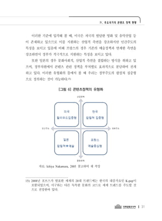 Ⅳ. 주요국가의 콘텐츠 정책 현황




  이러한 기준에 입각해 볼 때, 미국은 자국의 발달한 영화 및 음악산업 등
이 존재하고 있으므로 이를 지원하는 산업적 측면을 강조하지만 민간주도의
특징을 보이고 있음에 비해 프랑스의 경우 기존의 예술정책과 연계한 측면을
강조하면서 정부가 적극적으로 지원하는 특징을 보이고 있다.
  또한 일본의 경우 문화사회적, 산업적 측면을 결합하는 방식을 취하고 있
으며, 정부차원에서 콘텐츠 관련 정책을 부처별로 효과적으로 분담하여 전개
하고 있다. 이러한 유형화의 틀에서 볼 때 우리는 정부주도의 팝컬쳐 집중형
으로 정의하는 것이 가능하다.15)

                [그림 6] 콘텐츠정책의 유형화




     자료: Ichiya Nakamura, 2005 참고하여 재 작성



15) 2008년 포브스가 발표한 세계의 20대 트랜드에는 한국의 대중가요인 K-pop이
    포함되었으며, 서구와는 다른 독특한 문화의 코드로 세계 트랜드를 주도할 것
    으로 전망한바 있다.




                                                            31
 