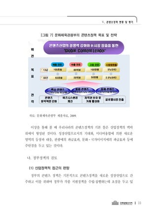 Ⅴ. 콘텐츠정책 현황 및 평가




      [그림 7] 문화체육관광부의 콘텐츠정책 목표 및 전략




 자료: 문화체육관광부 제출자료, 2009.


  이상을 통해 볼 때 우리나라의 콘텐츠정책의 기본 틀은 산업정책의 맥락
위에서 형성된 것이다. 성장산업으로서의 기대와, 미디어융합에 의한 새로운
영역의 등장과 대응, 관광에의 파급효과, 문화․국가이미지에의 파급효과 등에
주안점을 두고 있는 것이다.


나. 정부정책의 검토

 (1) 산업정책적 접근의 편향

  정부의 콘텐츠 정책은 기본적으로 콘텐츠정책을 새로운 성장산업으로 간
주하고 이를 위하여 정부가 각종 지원정책을 수립·집행하는데 초점을 두고 있




                                                33
 