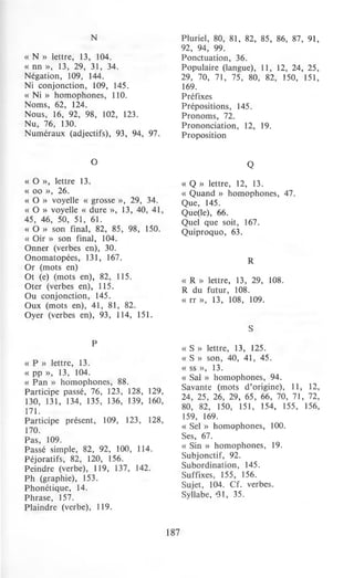 N
« N » lettre, 13, 104.
« nn », 13, 29, 31, 34.
Négation, 109, 144.
Ni conjonction, 109, 145.
« Ni » homophones, 110.
Noms, 62, 124.
Nous, 16, 92, 98, 102, 123.
Nu., 76, 130.
Numéraux (adjectifs), 93, 94, 97.
« 0 », lettre 13.
« 00 », 26.
0
« 0 » voyelle « grosse », 29, 34.
« 0 » voyelle « dure», 13, 40, 41,
45, 46, 50, 51, 61.
« 0 » son final, 82, 85, 98, 150.
« Oir » son final, 104.
Onner (verbes en), 30.
Onomatopées, 131, 167.
Or (mots en)
Ot (e) (mots en), 82, 115.
Oter (verbes en), 115.
Ou conjonction, 145.
Oux (mots en), 41, 81, 82.
Oyer (verbes en), 93, 114, 151.
« P » lettre, 13.
« pp », 13, 104.
p
« Pan » homophones, 88.
Participe passé, 76, 123, 128, 129,
130, 131, 134, 135, 136, 139, 160
171. '
Participe présent, 109, 123 128
170. , '
Pas, 109.
Passé simple, 82, 92, 100, 114.
Péjoratifs, 82, 120, 156.
Peindre (verbe), 119, 137, 142.
Ph (graphie), 153.
Phonétique, 14.
Phrase, 157.
Plaindre (verbe), 119.
187
Pluriel, 80, 81, 82, 85, 86 87 9l
92, 94, 99. ' ' '
Ponctuation, 36.
Populaire (langue), 11, 12, 24, 25,
29, 70, 71, 75, 80, 82 150 151
169. ' ' '
Préfixes
Prépositions, 145.
Pronoms, 72.
Prononciation, 12, 19.
Proposition
Q
« Q » lettre, 12, 13.
« Quand » homophones, 47.
Que, 145.
Que(le), 66.
Quel que soit, 167.
Quiproquo, 63.
R
« R » lettre, 13, 29, 108.
R du futur, 108.
« rr », 13, 108, 109.
s
« S » lettre, 13, 125.
« S » son, 40, 41 , 45.
« SS », 13.
« Sal » homophones, 94.
Savante (mots d'origine), 11, 12,
24, 25, 26, 29, 65, 66, 70, 71, 72,
80, 82, 150, 151, 154, 155, 156,
159, 169.
« Sel » homophones, 100.
Ses, 67.
« Sin » homophones, 19.
Subjonctif, 92.
Subordination, 145.
Suffixes, 155, 156.
Sujet, 104. Cf. verbes.
Syllabe, ,'31, 35.
 