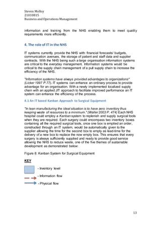 Steven Molloy
21010815
Business and Operations Management
13
information and training from the NHS enabling them to meet quality
requirements more efficiently.
4. The role of IT in the NHS
IT systems currently provide the NHS with: financial forecasts/ budgets,
communication avenues, the storage of patient and staff data and supplier
contracts. With the NHS being such a large organisation information systems
are critical to the everyday management. Information systems would be
critical to the supply chain management of a pull supply chain to increase the
efficiency of the NHS.
"Information systems have always provided advantages to organizations"
(Licker 1997 P.77). IT systems can enhance an ordinary process to provide
advantage for an organisation. With a newly implemented localized supply
chain with an applied JIT approach to facilitate improved performance an IT
system can enhance the efficiency of the process.
4.1 An IT based Kanban Approach to Surgical Equipment
"In lean manufacturing the ideal situation is to have zero inventory thus
keeping waste of resources to a minimum." (Waller 2003 P. 474) Each NHS
hospital could employ a Kanban system to replenish and supply surgical tools
when they are required. Each surgery could encompass two inventory boxes
containing all the required surgical tools, once one box is emptied an order,
constructed through an IT system, would be automatically given to the
supplier allowing the time for the second box to empty as lead-time for the
delivery of a new box to replace the now empty box. This ensures that every
surgery is always sufficiently supplied and ready to provide good service
allowing the NHS to reduce waste, one of the five themes of sustainable
development as demonstrated below:
Figure 8: Kanban System for Surgical Equipment
KEY
- Inventory level
- Information flow
- Physical flow
 