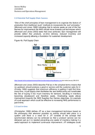 Steven Molloy
21010815
Business and Operations Management
6
2.2 Potential Pull Supply Chain Success
“One of the chief principles of lean management is to organize the factors of
production from traditional ‘push’ methods to incorporate the ‘pull’ principles.”
(Womack and Jones 1996) indicating that to reduce waste as one of the five
themes for improvement the NHS should move towards pull techniques which
(Womack and Jones 2003) state that once achieved, lean management will
provide defect free products, on-time delivery, reduced inventory and
increased capacity allowing a foundation for sustained development.
Figure 4b. Pull Supply Chain
https://people.hofstra.edu/geotrans/eng/ch5en/conc5en/img/pushtopulllogistics.png last visited January 29th 2015
(Womack and Jones 2003) describe Pull as in the simplest terms means that
no upstream should produce a good or service until the customer asks for it.
(Crosby 1984) suggests that maximum efficiency is getting it right first time,
every time. A pull supply chain facilitates the zero defect policy as it eradicates
the risk of buying in too much inventory for demand, resulting in inventory
becoming obsolescent and therefore waste. Eradicating waste allows
improvement towards the NHS Supplies five themes objectives. An example
of a pull approach which could be effective to increasing NHS performance is
just-in-time.
2.3 Just-in-time
(Christopher 1998) defines JIT as a lean management technique based on
the philosophy that wherever possible no activity should take place in a
system until there is a need for it. JIT consists of the concept that
synchronized delivery can be achieved so that a product/ service can be
delivered just as it is needed preventing any waste of inventory making it a
useful approach to implement continuous improvement. JIT strategies could
 