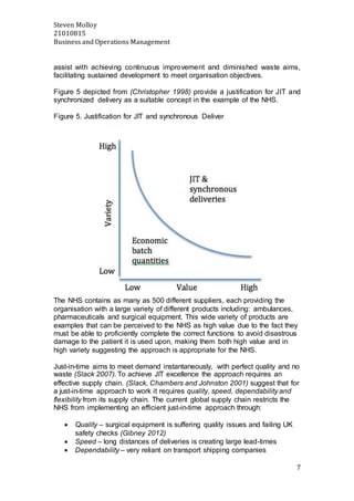 Steven Molloy
21010815
Business and Operations Management
7
assist with achieving continuous improvement and diminished waste aims,
facilitating sustained development to meet organisation objectives.
Figure 5 depicted from (Christopher 1998) provide a justification for JIT and
synchronized delivery as a suitable concept in the example of the NHS.
Figure 5. Justification for JIT and synchronous Deliver
The NHS contains as many as 500 different suppliers, each providing the
organisation with a large variety of different products including: ambulances,
pharmaceuticals and surgical equipment. This wide variety of products are
examples that can be perceived to the NHS as high value due to the fact they
must be able to proficiently complete the correct functions to avoid disastrous
damage to the patient it is used upon, making them both high value and in
high variety suggesting the approach is appropriate for the NHS.
Just-in-time aims to meet demand instantaneously, with perfect quality and no
waste (Slack 2007). To achieve JIT excellence the approach requires an
effective supply chain. (Slack, Chambers and Johnston 2001) suggest that for
a just-in-time approach to work it requires quality, speed, dependability and
flexibility from its supply chain. The current global supply chain restricts the
NHS from implementing an efficient just-in-time approach through:
 Quality – surgical equipment is suffering quality issues and failing UK
safety checks (Gibney 2012)
 Speed – long distances of deliveries is creating large lead-times
 Dependability – very reliant on transport shipping companies
 