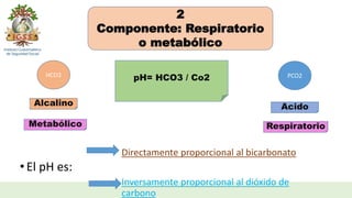 pH= HCO3 / Co2
• El pH es:
Directamente proporcional al bicarbonato
Inversamente proporcional al dióxido de
carbono
2
Componente: Respiratorio
o metabólico
HCO3 PCO2
Alcalino Acido
Metabólico Respiratorio
 