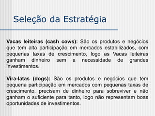 Seleção da Estratégia
Vacas leiteiras (cash cows): São os produtos e negócios
que tem alta participação em mercados estabilizados, com
pequenas taxas de crescimento, logo as Vacas leiteiras
ganham dinheiro sem a necessidade de grandes
investimentos.
Vira-latas (dogs): São os produtos e negócios que tem
pequena participação em mercados com pequenas taxas de
crescimento, precisam de dinheiro para sobreviver e não
ganham o suficiente para tanto, logo não representam boas
oportunidades de investimentos.
 