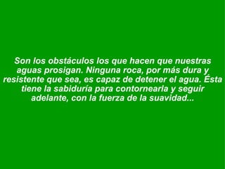 Son los obstáculos los que hacen que nuestras aguas prosigan. Ninguna roca, por más dura y resistente que sea, es capaz de detener el agua. Ésta tiene la sabiduría para contornearla y seguir adelante, con la fuerza de la suavidad... 