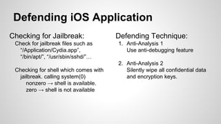 Defending iOS Application
Checking for Jailbreak:
Check for jailbreak files such as
“/Application/Cydia.app”,
“/bin/apt/”, “/usr/sbin/sshd/”…
Checking for shell which comes with
jailbreak. calling system(0)
nonzero → shell is available.
zero → shell is not available
Defending Technique:
1. Anti-Analysis 1
Use anti-debugging feature
2. Anti-Analysis 2
Silently wipe all confidential data
and encryption keys.
 