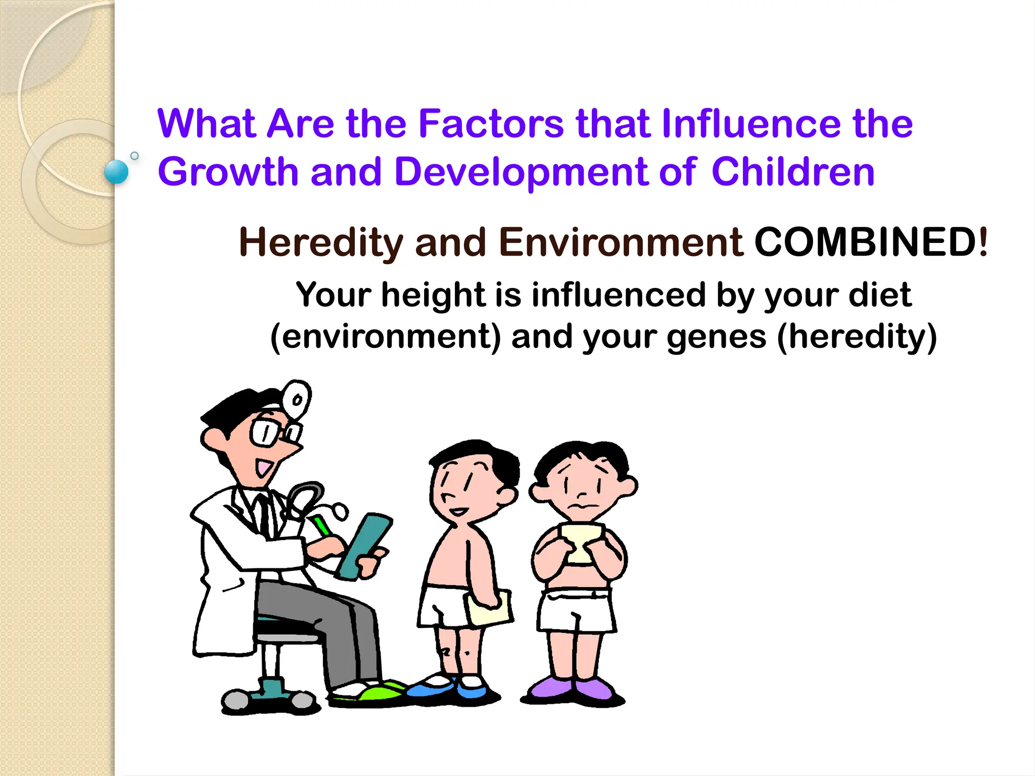 What Are the Factors that Influence the
Growth and Development of Children
Heredity and Environment COMBINED!
Your height is influenced by your diet
(environment) and your genes (heredity)
 