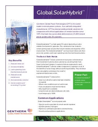Gentherm Global Power Technologies (GPT) is the world
leader in remote power systems. As a vertically integrated
manufactu...