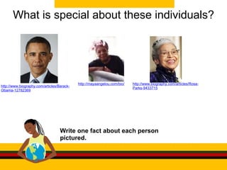 What is special about these individuals? Write one fact about each person pictured.  http://www.biography.com/articles/Barack-Obama-12782369 http://mayaangelou.com/bio/ http://www.biography.com/articles/Rosa-Parks-9433715 