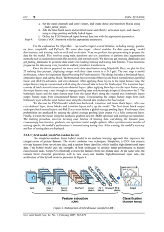  ISSN: 2252-8938
Int J Artif Intell, Vol. 14, No. 1, February 2025: 667-679
672
a. Set the inner_channels and conv1 layers, and create dense and transition blocks using
`_make_dense_layers.
b. Add the final batch norm and rectified linear unit (ReLU) activation layer, and classify
using average pooling and fully linked layers.
c. Define the VGG16network input forward function with the appropriate parameters.
Step 9: Create a VGG16network with the appropriate parameters.
For the explanation for Algorithm 1, we need to import several libraries, including numpy, pandas,
os, time, matplotlib, and PyTorch. We must also import related modules for data processing, model
development, and training, such as torch and torchvision. Next, we perform data preprocessing to prepare the
data for the model. This involves using train_transform and test_transform to perform data augmentation
methods such as random horizontal flip, rotation, and normalization. We then use get_training_dataloader and
get_testing_dataloader to generate data loaders for loading training and testing data batches. These functions
preprocess the data using train_transform and test_transform transformers.
Once the data is prepared, we move on to data visualization using Matplotlib. Here, we plot the first
25 training data pictures, displaying images with their class names in a 5×5 grid. The next step is model
architecture, where we implement DenseNet using PyTorch modules. The design includes a bottleneck layer,
a transition layer, and a dense block. The bottleneck layer consists of three layers: batch normalization, rectified
linear unit (ReLU) activation, and convolutional. After applying these layers to the input feature map, the
output feature map is concatenated with it along the channel axis to form the final output. The transition layer
consists of batch normalization and convolutional layers. After applying these layers to the input feature map,
the output feature map is sent through an average pooling layer to downsample its spatial dimensions by 2. The
bottleneck layers and the input feature map form the dense block along the channel axis bottleneck layers
output feature maps from concatenated feature maps. Concatenating the output feature maps from each
bottleneck layer with the input feature map along the channel axis produces the final output.
We also use the VGG16model, which uses bottleneck, transition, and dense block layers. After one
convolutional layer, dense blocks and transition layers make up the model. The final dense block output
undergoes batch normalization and ReLU activation before a global average pooling layer. Final output class
probabilities are produced by passing the global average pooling layer output via a fully connected layer.
Finally, we train the model using the stochastic gradient descent (SGD) optimizer and learning rate scheduler.
The training procedure involves iterating over batches of training data, calculating the forward pass,
cross-entropy loss function, gradients, and optimizer model weight updates. After a predetermined number of
training epochs, the model’s performance is assessed using testing data. After training, the model’s accuracy
and loss of testing data are displayed.
3.3.2. Hybrid model (simpleNet-random forest)
The simpleNet-random forest hybrid model is an machine learning approach that improves the
categorization of picture datasets. The model combines two techniques: SimpleNet, a CNN that extracts
relevant features from raw picture data, and a random forest classifier, which handles high-dimensional input
data. This hybrid model uses the strengths of both techniques to achieve better performance in picture
classification tasks. SimpleNet effectively extracts the features from raw picture data. At the same time, the
random forest classifier generalizes well to new cases and handles high-dimensional input data—the
architecture of this hybrid model is presented in Figure 4.
Figure 4. Architecture of hybrid model (simpleNet-RF)
 