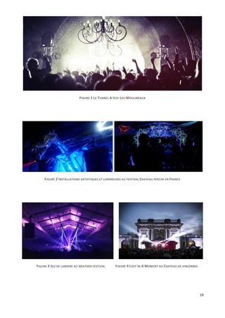 19
FIGURE 1 LE TUNNEL A ISSY-LES-MOULINEAUX
FIGURE 2 INSTALLATIONS ARTISTIQUES ET LUMINEUSES AU FESTIVAL CHATEAU PERCHE EN FRANCE
FIGURE 3 JEU DE LUMIERE AU WEATHER FESTIVAL FIGURE 4 LOST IN A MOMENT AU CHATEAU DE VINCENNES
 