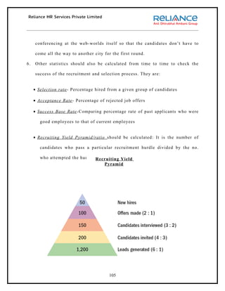 conferencing at the web-worlds itself so that the candidates don’t have to

     come all the way to another city for the first round.

6.   Other statistics should also be calculated from time to time to check the

     success of the recruitment and selection process. They are:


     • Selection rate - Percentage hired from a given group of candidates

     • Acceptance Rate - Percentage of rejected job offers

     • Success Base Rate -Comparing percentage rate of past applicants who were

        good employees to that of current employees


     • Recruiting Yield Pyramid /ratio should be calculated: It is the number of

        candidates who pass a particular recruitment hurdle divided by the no.

        who attempted the hurdle. Recruiting Yield
                                     Pyramid




                                         105
 