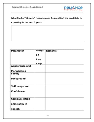 What kind of “Growth” (Learning and Designation) the candidate is

expecting in the next 3 years.




Parameter              Ratings   Remarks
                       1-4

                       1 low

                       4 high
Appearance and

Mannerisms
Family

Background


Self Image and

Confidence


Communication

and clarity in

speech

                                 110
 