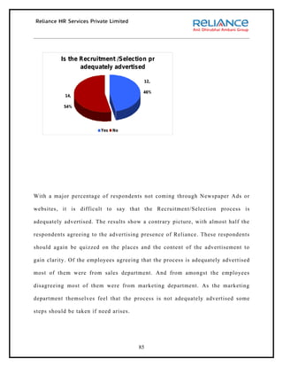 Is the Recruitment /Selection process
                 adequately advertised

                                         12,

                                         46%
            14,

           54%




                          Yes   No




With a major percentage of respondents not coming through Newspaper Ads or

websites, it is difficult to say that the Recruitment/Selection process is

adequately advertised. The results show a contrary picture, with almost half the

respondents agreeing to the advertising presence of Reliance. These respondents

should again be quizzed on the places and the content of the advertisement to

gain clarity. Of the employees agreeing that the process is adequately advertised

most of them were from sales department. And from amongst the employees

disagreeing most of them were from marketing department. As the marketing

department themselves feel that the process is not adequately advertised some

steps should be taken if need arises.




                                        85
 