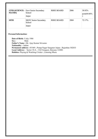 12TH (SCIENCE-12TH (SCIENCE-
MATHS)MATHS)
Govt Senior SecondaryGovt Senior Secondary
SchoolSchool
JaipurJaipur
RBSE BOARDRBSE BOARD 20062006 58.92%58.92%
pcm(64.66%pcm(64.66%
))
10TH10TH SKDV Senior SecondarySKDV Senior Secondary
SchoolSchool
JaipurJaipur
RBSE BOARDRBSE BOARD 20042004 72.17%72.17%
Personal Information:
Date of Birth: 5 July 1988
Sex : Male
Father's Name : Mr. Ajay Kumar Srivastav
Nationality : Indian
Permanent address : 85/469 , Pratap Nagar Sanganer Jaipur , Rajasthan 302033
Local Address : Sector 10-A , 1162 Gurgaon ,Haryana 122001
Hobbies: Playing & Watching Cricket , Listening Music
 