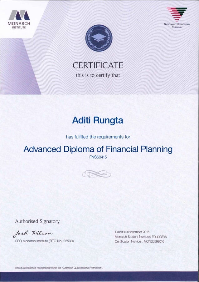 Advanced Diploma of Financial Planning Certificate PDF