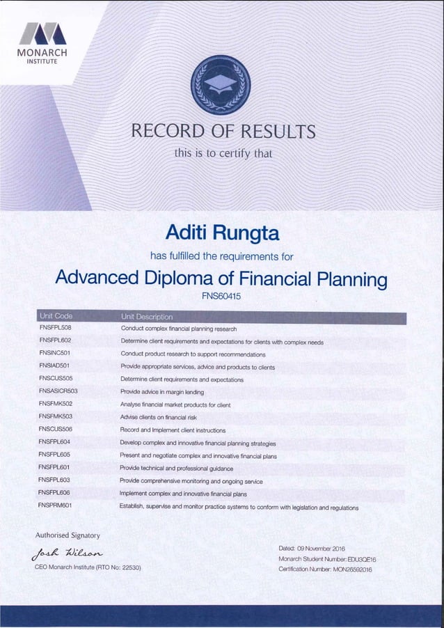 Advanced Diploma of Financial Planning Certificate