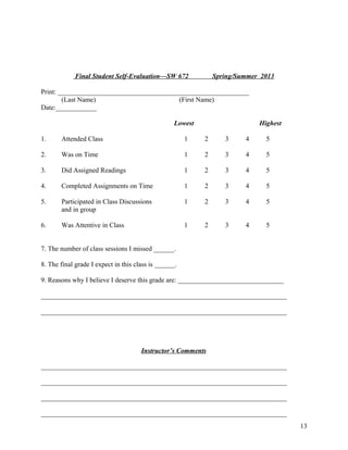 Final Student Self-Evaluation—SW 672

Spring/Summer 2013

Print: ________________________________________________________
(Last Name)
(First Name)
Date:____________
Lowest

Highest

1.

Attended Class

1

2

3

4

5

2.

Was on Time

1

2

3

4

5

3.

Did Assigned Readings

1

2

3

4

5

4.

Completed Assignments on Time

1

2

3

4

5

5.

Participated in Class Discussions
and in group

1

2

3

4

5

6.

Was Attentive in Class

1

2

3

4

5

7. The number of class sessions I missed ______.
8. The final grade I expect in this class is ______.
9. Reasons why I believe I deserve this grade are: _______________________________
________________________________________________________________________
________________________________________________________________________

Instructor’s Comments
________________________________________________________________________
________________________________________________________________________
________________________________________________________________________
________________________________________________________________________
13

 