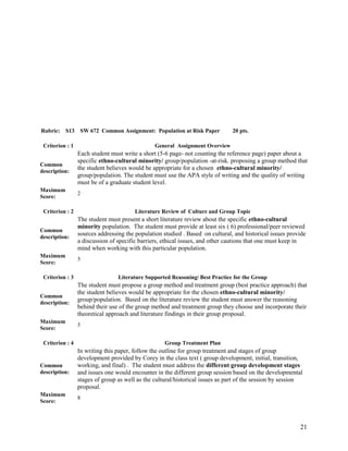 Rubric:

S13

SW 672 Common Assignment: Population at Risk Paper

Criterion : 1

20 pts.

General Assignment Overview

Common
description:

Each student must write a short (5-6 page- not counting the reference page) paper about a
specific ethno-cultural minority/ group/population -at-risk. proposing a group method that
the student believes would be appropriate for a chosen ethno-cultural minority/
group/population. The student must use the APA style of writing and the quality of writing
must be of a graduate student level.

Maximum
Score:

2

Criterion : 2

Literature Review of Culture and Group Topic

Common
description:

The student must present a short literature review about the specific ethno-cultural
minority population. The student must provide at least six ( 6) professional/peer reviewed
sources addressing the population studied . Based on cultural, and historical issues provide
a discussion of specific barriers, ethical issues, and other cautions that one must keep in
mind when working with this particular population.

Maximum
Score:

5

Criterion : 3

Literature Supported Reasoning/ Best Practice for the Group

Common
description:

The student must propose a group method and treatment group (best practice approach) that
the student believes would be appropriate for the chosen ethno-cultural minority/
group/population. Based on the literature review the student must answer the reasoning
behind their use of the group method and treatment group they choose and incorporate their
theoretical approach and literature findings in their group proposal.

Maximum
Score:

5

Criterion : 4

Group Treatment Plan

Common
description:

In writing this paper, follow the outline for group treatment and stages of group
development provided by Corey in the class text ( group development, initial, transition,
working, and final) . The student must address the different group development stages
and issues one would encounter in the different group session based on the developmental
stages of group as well as the cultural/historical issues as part of the session by session
proposal.

Maximum
Score:

8

21

 