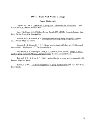 SW 672 – Social Work Practice in Groups
Course Bibliography
Capuzzi, D. (2002). Approaches to group work: A handbook for practitioners. Upper
Saddle River, NJ: Merrill Prentice Hall.
Corey, G., Corey, M.S., Callahan, P., and Russell, J.M. (1992). Group techniques (2nd
Ed.). Pacific Grove, CA: Brooks/Cole.
Johnson, D.W., & Johnson, F.P. Joining together: Group theory and group skills (6th
ed.). Boston: Allyn and Bacon.
Kurland, R., & Salmon, R. (1995). Group practice in a troubled society: Problems and
opportunities. Binghamton, NY: The Haworth Press.
Pack-Brown, S.P., Whittington-Clark, L.E., & Parker, W.M. (1998). Images of me: A
guide to group work with African-American women. Boston: Allyn and Bacon.
Toseland, R.W., & Rivas, R.F. (2000). An introduction to group work practice (4th ed.).
Boston: Allyn and Bacon.
Yalom, I. (1995). The theory and practice of group psychotherapy (4th ed.). New York:
Basic Books.

25

 