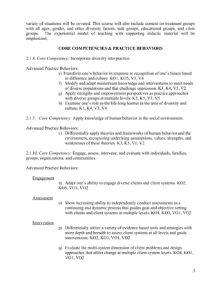 variety of situations will be covered. This course will also include content on treatment groups
with all ages, gender, and other diversity factors, task groups, educational groups, and crisis
groups. The experiential model of teaching with supporting didactic material will be
emphasized.
CORE COMPETENCIES & PRACTICE BEHAVIORS
2.1.4. Core Competency: Incorporate diversity into practice.
Advanced Practice Behaviors:
e) Transform one’s behavior in response to recognition of one’s biases based
in difference and culture. KO1, KO5, V3, V4
f) Modify and adapt mainstream knowledge and interventions to meet needs
of diverse populations and that challenge oppression. K3, K4, V5, V2
g) Apply strengths and empowerment perspectives as practice approaches
with diverse groups at multiple levels. K3, K5, V3, V5
h) Examine one’s role as the life-long learner in the area of diversity and
culture. K1, K4, V3, V4
2.1.7

Core Competency: Apply knowledge of human behavior in the social environment.

Advanced Practice Behaviors:
c) Differentially apply theories and frameworks of human behavior and the
environment, recognizing underlying assumptions, values, strengths, and
weaknesses of these theories. K3, K5, V1, V2
2.1.10. Core Competency: Engage, assess, intervene, and evaluate with individuals, families,
groups, organizations, and communities.
Advanced Practice Behaviors:
Engagement
n) Adapt one’s ability to engage diverse clients and client systems. KO2,
KO5, VO1, VO2
Assessment
o) Show increasing ability to independently conduct assessments as a
continuing and dynamic process that guides goal and objective setting
with clients and client systems at multiple levels. KO1, KO3, VO1, VO2
Intervention
p) Differentially utilize a variety of evidence based tools and strategies with
more depth and breadth to assess client systems at all levels and guide
interventions. KO2, KO3, VO1, VO2
q) Evaluate the multi-system dimension of client problems and design
approaches that affect change at multiple client system levels. KO4, KO1,
VO1, VO2
3

 