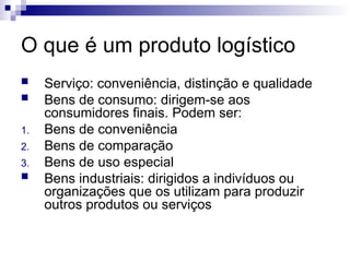 O que é um produto logístico
 Serviço: conveniência, distinção e qualidade
 Bens de consumo: dirigem-se aos
consumidores finais. Podem ser:
1. Bens de conveniência
2. Bens de comparação
3. Bens de uso especial
 Bens industriais: dirigidos a indivíduos ou
organizações que os utilizam para produzir
outros produtos ou serviços
 
