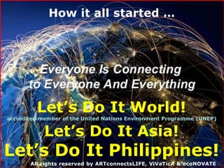 Let’s Do It World!
accredited member of the United Nations Environment Programme (UNEP)
Let’s Do It Asia!
Let’s Do It Philippines!
How it all started …
All rights reserved by ARTconnectsLIFE, ViVaTicA & ecoNOVATE
 