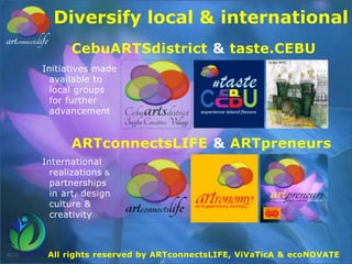 Diversify local & international
ARTconnectsLIFE & ARTpreneurs
CebuARTSdistrict & taste.CEBU
Initiatives made
available to
local groups
for further
advancement
International
realizations &
partnerships
in art, design
culture &
creativity
All rights reserved by ARTconnectsLIFE, ViVaTicA & ecoNOVATE
 