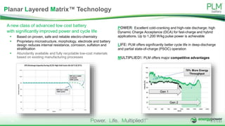 POWER: Excellent cold-cranking and high-rate discharge; high
Dynamic Charge Acceptance (DCA) for fast-charge and hybrid
applications. Up to 1,200 W/kg pulse power is achievable
LIFE: PLM offers significantly better cycle life in deep-discharge
and partial state-of-charge (PSOC) operation
MULTIPLIED!: PLM offers major competitive advantages
 Based on proven, safe and reliable electro-chemistry
 Proprietary microstructure, morphology, electrode and battery
design reduces internal resistance, corrosion, sulfation and
stratification
 Abundantly available and fully recyclable low-cost materials
based on existing manufacturing processes
A new class of advanced low cost battery
with significantly improved power and cycle life
Planar Layered Matrix™ Technology
14
 