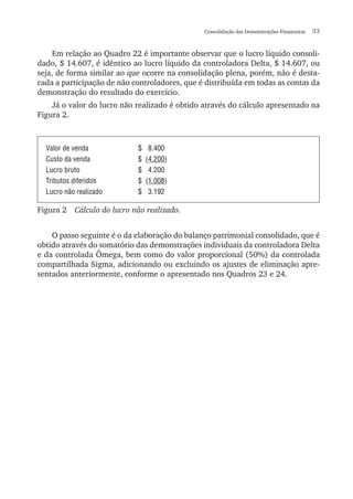 Consolidação das Demonstrações Financeiras  33
Em relação ao Quadro 22 é importante observar que o lucro líquido consoli-
dado, $ 14.607, é idêntico ao lucro líquido da controladora Delta, $ 14.607, ou
seja, de forma similar ao que ocorre na consolidação plena, porém, não é desta-
cada a participação de não controladores, que é distribuída em todas as contas da
demonstração do resultado do exercício.
Já o valor do lucro não realizado é obtido através do cálculo apresentado na
Figura 2.
Valor de venda	 $ 	 8.400
Custo da venda	 $ 	(4.200)
Lucro bruto	 $ 	 4.200
Tributos diferidos	 $ 	(1.008)
Lucro não realizado	 $ 	 3.192
Figura 2  Cálculo do lucro não realizado.
O passo seguinte é o da elaboração do balanço patrimonial consolidado, que é
obtido através do somatório das demonstrações individuais da controladora Delta
e da controlada Ômega, bem como do valor proporcional (50%) da controlada
compartilhada Sigma, adicionando ou excluindo os ajustes de eliminação apre-
sentados anteriormente, conforme o apresentado nos Quadros 23 e 24.
 