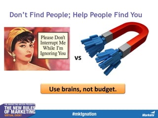 Don’t Find People; Help People Find You

vs

Use brains, not budget.

 