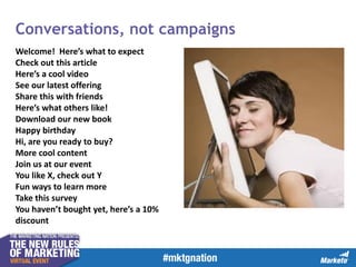 Conversations, not campaigns
Welcome! Here’s what to expect
Check out this article
Here’s a cool video
See our latest offering
Share this with friends
Here’s what others like!
Download our new book
Happy birthday
Hi, are you ready to buy?
More cool content
Join us at our event
You like X, check out Y
Fun ways to learn more
Take this survey
You haven’t bought yet, here’s a 10%
discount

 