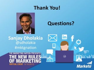 Thank You!
Questions?
Sanjay Dholakia
@sdholakia
#mktgnation

 