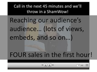 Reaching our audience’s
audience… (lots of views,
embeds, and so on…)
FOUR sales in the first hour!

 