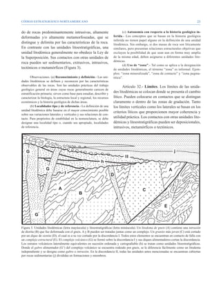 CÓDIGO ESTRATIGRÁFICO NORTEAMERICANO                                                                                                     23


do de rocas predominantemente intrusivas, altamente                              (c) Autonomía con respecto a la historia geológica in-
deformadas y/o altamente metamorfoseadas, que se                          ferida.- Los conceptos que se basan en la historia geológica
                                                                          inferida no tienen papel alguno en la definición de una unidad
distingue y delimita por las características de la roca.                  litodémica. Sin embargo, si dos masas de roca son líticamente
En contraste con las unidades litoestratigráficas, una                    similares, pero presentan relaciones estructurales objetivas que
unidad litodémica generalmente no obedece la Ley de                       excluyen la posibilidad de que sean aun en forma muy amplia
la Superposición. Sus contactos con otras unidades de                     de la misma edad, deben asignarse a diferentes unidades lito-
                                                                          démicas.
roca pueden ser sedimentarios, extrusivos, intrusivos,
                                                                                 (d) Uso de “zona”.- Tal como se aplica a la designación
tectónicos o metamórficos (Figura 3).                                     de unidades litodémicas, el término “zona” es informal. Ejem-
                                                                          plos: “zona mineralizada”, “zona de contacto” y “zona pegma-
        Observaciones. (a) Reconocimiento y definición.- Las uni-         títica”.
dades litodémicas se definen y reconocen por las características
observables de las rocas. Son las unidades prácticas del trabajo                 Artículo 32.- Límites. Los límites de las unida-
geológico general en áreas cuyas rocas generalmente carecen de
estratificación primaria; sirven como base para estudiar, describir y
                                                                          des litodémicas se colocan donde se presenta el cambio
caracterizar la litología, la estructura local y regional, los recursos   lítico. Pueden colocarse en contactos que se distingan
económicos y la historia geológica de dichas áreas.                       claramente o dentro de las zonas de gradación. Tanto
        (b) Localidades tipo y de referencia.- La definición de una       los límites verticales como los laterales se basan en los
unidad litodémica debe basarse en el mayor conocimiento posible
                                                                          criterios líticos que proporcionen mayor coherencia y
sobre sus variaciones laterales y verticales y sus relaciones de con-
tacto. Para propósitos de estabilidad en la nomenclatura, se debe         utilidad práctica. Los contactos con otras unidades lito-
designar una localidad tipo o, cuando sea apropiado, localidades          démicas y litoestratigráficas pueden ser deposicionales,
de referencia.                                                            intrusivos, metamórficos o tectónicos.




Figura 3. Unidades litodémicas (letra mayúscula) y litoestratigráficas (letra minúscula). Un litodema de gneis (A) contiene una intrusión
de diorita (B) que fue deformada con el gneis. A y B pueden ser tratadas juntas como un complejo. Un granito más joven (C) está cortado
por un dique de sienita (D), el cual es a su vez cortado por la discordancia I. Todos estos elementos se encuentran en contacto de falla con
un complejo estructural (E). El complejo volcánico (G) se formó sobre la discordancia I y sus diques alimentadores cortan la discordancia.
Los estratos volcánicos lateralmente equivalentes en sucesión ordenada y cartografiable (h) se tratan como unidades litoestratigráficas.
Donde el gabro alimentador (G’) del complejo volcánico se encuentra rodeado por gneis, se le diferencia fácilmente como un litodema
independiente y se designa como gabro o intrusión. En la discordancia II, todas las unidades antes mencionadas se encuentran cubiertas
por rocas sedimentarias (j) divididas en formaciones y miembros.
 