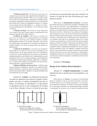CÓDIGO ESTRATIGRÁFICO NORTEAMERICANO                                                                                                       29


        (b) Biozona de intervalo.- Una biozona de intervalo es un        de biozona no necesariamente tiene que coincidir con
cuerpo de roca contenido entre dos superficies bioestratigráficas es-    la base o el techo de otra clase de biozona, por lo que
pecíficas (biohorizontes del ISSC, 1994, p. 56). Los rasgos a partir
de los cuales estos biohorizontes comúnmente se definen incluyen
                                                                         puede no hacerlo.
los registros estratigráficos más bajos (Figura 4C), los registros más
altos (Figura 4D), registros estratigráficos distintivos, o cambios              Observación. (a) Identificación de biozonas.- Los límites
en los caracteres de taxa individuales (e. g., cambios en la direc-      de las hemerozonas son los horizontes de registro estratigráfico más
ción del enrollamiento en foraminíferos o en el número de septos         bajo y más alto del taxón o taxa especificados en su definición.
en corales).                                                             Cuando dos taxa están involucrados, la hemerozona concurrente se
        (c) Biozona de linaje.- Una biozona de linaje (Figura 4E)        presenta sólo cuando ambos taxa están presentes. Los límites de la
es un cuerpo de roca que contiene especies representativas de un         biozona de intervalo se definen por dos superficies bioestratigrá-
segmento específico de un linaje evolutivo.                              ficas específicas, en cuyo caso la base de una biozona usualmente
        (d) Biozona de conjunto.- Una biozona de conjunto (Fi-           define la cima de la biozona subyacente. Los límites de las biozonas
gura 5A) es un cuerpo de roca caracterizado por una asociación           de linaje se determinan por los biohorizontes que representan el
singular de tres o más taxa, cuyo conjunto le aporta un carácter         o los registros más bajos de los elementos sucesivos en el linaje
bioestratigráfico distinto al de estratos adyacentes. Una biozona        evolutivo en consideración. Los límites de las biozonas de conjunto
de conjunto puede estar basada en un solo grupo taxonómico, por          pueden ser difíciles de definir con precisión, pero dichas biozonas
ejemplo, trilobites, o en más de un grupo, tales como acritarcos y       son fácilmente caracterizadas e identificadas por los registros es-
quitinozoarios.                                                          tratigráficos totales o parcialmente traslapados de los taxa o grupos
        (e) Biozona de abundancia.- Una biozona de abundancia            de taxa contenidos en ellas. Sin embargo, en algunas secciones no
(Figura 5B) es un cuerpo de roca en el cual la abundancia de un          todos los taxa característicos necesitan estar presentes para poder
taxón particular o de un grupo específico de taxa es sensiblemen-        reconocer la biozona, en cuyo caso ésta puede ser caracterizada o
te mayor que en partes adyacentes de la sección. Las biozonas de         identificada por otros taxa. Los límites de la biozona de abundancia
abundancia pueden ser de utilidad local o limitada debido a que las      se definen por cambios acentuados en la abundancia relativa de los
abundancias de los taxa en el registro geológico están ampliamente       taxa conservados.
controladas por factores paleoecológicos, tafonómicos y diagenéti-
cos. La única manera inequívoca de identificar una zona de abun-               Artículo 52. En desuso.
dancia particular es seguirla lateralmente.
        (f) Biozonas híbridas o de nuevas clases.- Conforme surjan
nuevos problemas estratigráficos específicos, los análisis bioestra-     Rangos de las Unidades Bioestratigráficas
tigráficos progresen y aparezcan nuevas tecnologías, otras formas
de biozonas pueden probar su utilidad y no estarían prohibidas bajo           Artículo 53.- Unidad Fundamental. La unidad
los lineamientos de este Código.                                         fundamental de la clasificación bioestratigráfica es la
                                                                         biozona.
      Artículo 51.- Límites. Los límites de una biozona
se trazan en superficies que marcan el registro estrati-                       Observaciones. (a) Alcance.- Un cuerpo de roca individual
gráfico más bajo, el registro estratigráfico más alto, el                puede ser dividido en más de una clase de biozona. Una biozo-
                                                                         na puede basarse en un solo grupo taxonómico o en varios gru-
límite, el incremento en abundancia o el decremento                      pos taxonómicos diferentes. Los límites de las biozonas definidas
en abundancia de uno o más componentes de la fauna                       por un solo grupo taxonómico no necesariamente deben coincidir,
o de la flora. Además, la base o el techo de una clase                   y comúnmente no lo hacen, con los límites de aquellas biozonas




                                  Figura 5. Ejemplos de biozonas de conjunto y biozonas de abundancia.
 