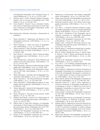 CÓDIGO ESTRATIGRÁFICO NORTEAMERICANO                                                                                                    47


      and high-grade metamorphic rocks: Geological Society of          17. 	 Suppression of homonymous and obsolete stratigraphic
      America Bulletin, pte. I, v. 91, no. 6, p. 374-376, 1980.              names: AAPG Bulletin, v. 40, no. 12, p. 2953-2954, 1956.
9. 	 Harrison, Jack E., y Zell E. Peterman, Adoption of geochro-       18. 	 Gilluly, James, Records of the Stratigraphic Commission for
      nometric units for divisions of Precambrian time: AAPG                 1955-1956: AAPG Bulletin, v. 41, no. 1, p. 130-133, 1957.
      Bulletin, v. 66, no. 6, p. 801-802, 1982.                        19. 	 Richmond, Gerald M, y John C. Frye, Status of soils in strati-
10. 	 Owen, Donald E., Norman P. Lasca, y Edward H. Schultz,                 graphic nomenclature: AAPG Bulletin, v. 31, no. 4, p. 758-
      New articles of organization and procedure of North Ame-               763, 1957.
      rican Commission on Stratigraphic Nomenclature: AAPG             20. 	 Frye, John C., y Gerald M. Richmond, Problems in apply-
      Bulletin, v. 69, p. 872-873, 1985.                                     ing standard stratigraphic practice in nonmarine Quaternary
                                                                             deposits: AAPG Bulletin, v. 42, no. 8, p. 1979-1983, 1958.
Notas (declaraciones informales, discusiones y planteamiento de        21. 	 Frye, John C., Preparation of new stratigraphic code by
      problemas).                                                            American Commission on Stratigraphic Nomenclature:
                                                                             AAPG Bulletin, v. 42, no. 8, p. 1984-1986, 1958.
1. 	  Moore, Raymond C., Organization and objectives of the            22.	   Records of the Stratigraphic Commission for 1957-1958:
      Stratigraphic Commission: AAPG Bulletin, v. 31, no. 3, p.              AAPG Bulletin, v. 43, no. 8, p. 1967-1971, 1959.
      513-518, 1947.                                                   23. 	 Rodgers, John, y Richard B. McConnell, Need for rock-
2. 	 Moore, Raymond C., Nature and classes of stratigraphic                  stratigraphic units larger than group: AAPG Bulletin, v. 43,
      units: AAPG Bulletin, v. 31, no. 3, p. 519-528, 1947.                  no. 8, p. 1971- 1975, 1959.
3.	    Moore, Raymond C., Rules of geologic nomenclature of the        24. 	 Wheeler, Harry E., Unconformity-bounded units in stratigra-
      Geological Survey of Canada: AAPG Bulletin, v. 32, no. 3,              phy: AAPG Bulletin, v. 43, no. 8, p. 1975-1977, 1959.
      p. 366-367, 1948.                                                25. 	 Bell, W. Charles, Marshall Kay, Grover E. Murray, Harry
4. 	 Jones, Wayne V., y Raymond C. Moore, Naming of subsur-                  E. Wheeler, y John A. Wilson, Geochronologic and chro-
      face stratigraphic units: AAPG Bulletin, v. 32, no. 3, p. 367-         nostratigraphic units: AAPG Bulletin, v. 45, no. 5, p. 666-
      371, 1948.                                                             670, 1961.
5.	    Flint, Richard Foster, y Raymond C. Moore, Definition and       26. 	 Records of the Stratigraphic Commission for 1959-1960:
      adoption of the terms stage and age: AAPG Bulletin, v. 32,             AAPG Bulletin, v. 45, no. 5, p. 670-673, 1961.
      no. 3, p. 372-376, 1948.                                         27. 	 Frye, John C., y H. B. Willman, Morphostratigraphic units
6. 	  Moore, Raymond C., Discussion of nature and classes of strati-         in Pleistocene stratigraphy: AAPG Bulletin, v. 46, no. 1, p.
      graphic units: AAPG Bulletin, v. 32, no. 3, p. 376-381, 1948.          112-113, 1962.
7. 	 Moore, Raymond C., Records of the Stratigraphic Commis-           28. 	 Shaver, Robert H., Application to American Commission on
      sion for 1947-1948: AAPG Bulletin, v. 33, no. 7, p. 1271-              Stratigraphic Nomenclature for an amendment of Article 4f
      1273, 1949.                                                            of the Code of Stratigraphic Nomenclature on informal sta-
8. 	 Moore, Raymond C., Australian Code of Stratigraphical No-               tus of named aquifers, oil sands, coal beds, and quarry lay-
      menclature: AAPG Bulletin, v. 33, no. 7, p. 1273-1276, 1949.           ers: AAPG Bulletin, v. 46, no. 10, p. 1935, 1962.
9. 	 Moore, Raymond C., The Pliocene-Pleistocene boundary:             29. 	 Patton, John B., Records of the Stratigraphic Commission for
      AAPG Bulletin, v. 33, n. 7, p. 1276-1280, 1949.                        1961-1962: AAPG Bulletin, v. 47, no. 11, p. 1987-1991, 1963.
10. 	 Moore, Raymond C., Should additional categories of strati-       30. 	 Richmond, Gerald M., y John G. Fyles, Application to
      graphic units be recognized?: AAPG Bulletin, v. 34, no. 12,            American Commission on Stratigraphic Nomenclature for
      p. 2360-2361, 1950.                                                    an amendment of Article 31, Remark (b) of the Code of
11.	 Moore, Raymond C., Records of the Stratigraphic Commis-                 Stratigraphic Nomenclature on misuse of the term “stage”:
      sion for 1949-1950: AAPG Bulletin, v. 35, no. 5, p. 1074-              AAPG Bulletin, v. 48, no. 5, p. 710-711, 1964.
      1076, 1951.                                                      31. 	 Cohee, George V., Records of the Stratigraphic Commission
12. 	 Moore, Raymond C., Divisions of rocks and time: AAPG                   for 1963-1964: AAPG Bulletin, v. 49, no. 3, pte. I de II, p.
      Bulletin, v. 35, no. 5, p. 1076, 1951.                                 296-300, 1965.
13. 	 Williams, James Steele, y Aureal T. Cross, Third Congress of     32. 	 International Subcommission on Stratigraphic Terminology,
      Carboniferous Stratigraphy and Geology: AAPG Bulletin, v.              Hollis D. Hedberg, ed., Definition of geologic systems:
      36, no. 1, p. 169-172, 1952.                                           AAPG Bulletin, v. 49, no. 10, p. 1694-1703, 1965.
14. 	Official report of round table conference on stratigraphic        33. 	 Hedberg, Hollis D., Application to American Commission on
      nomenclature at Third Congress of Carboniferous Stratigra-             Stratigraphic Nomenclature for amendments to Articles 29,
      phy and Geology, Heerlen, Netherlands, June 26-28, 1951:               31 and 37 to provide for recognition of erathem, substage,
      AAPG Bulletin, v. 36, no. 10, p. 2044-2048, 1952.                      and chronozone as time-stratigraphic terms in the Code of
15. 	 Records of the Stratigraphic Commission for 1951-1952:                 Stratigraphic Nomenclature: AAPG Bulletin, v. 50, no. 3, p.
      AAPG Bulletin, v. 37, no. 5, p. 1078-1080, 1953.                       560-561, 1966.
16. 	 Records of the Stratigraphic Commission for 1953-1954:           34. 	 Harker, Peter, Records of the Stratigraphic Commission for
      AAPG Bulletin, v. 39, no. 9, p. 1861-1863, 1955.                       1964-1966: AAPG Bulletin, v. 51, no. 9, p. 1862-1868, 1967.
 