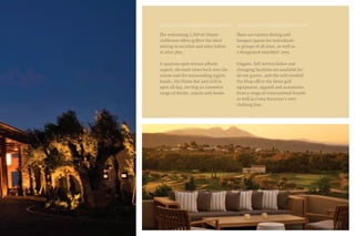 The welcoming 3,500 m2
Dunes
clubhouse offers golfers the ideal
setting to socialize and relax before
or after play.
A spacious open terrace affords
superb, elevated views back over the
course and the surrounding region.
Inside, the Flame Bar and Grill is
open all day, serving an extensive
range of drinks, snacks and meals.
There are various dining and
banquet spaces for individuals
or groups of all sizes, as well as
a designated members’ area.
Elegant, full-service locker and
changing facilities are available for
all our guests, and the well-stocked
Pro Shop offers the latest golf
equipment, apparel and accessories
from a range of international brands
as well as Costa Navarino’s own
clothing line.
 