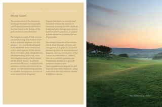 On the ‘Green’
The preservation of the Messinian
landscape through the sustainable
use of natural resources has been a
decisive factor in the design of the
golf courses at Costa Navarino.
The irrigation needs of both courses
are met by using only surface water
that is naturally replaced. For this
purpose, two specifically designed
water reservoirs were constructed
with a total capacity of 700,000 m³.
These reservoirs, fully integrated into
the surrounding landscape, cover
the irrigation needs of both courses
for the whole season. To achieve
maximum efficiency, a sophisticated
electronic system uses data from on-
course weather-monitoring stations
to calculate the optimum amount of
water required for irrigation.
Organic fertilizers are mainly used
in order to reduce the amount of
chemicals entering the soil, while an
integrated pest management system,
based on proven practices, is applied
at both courses to minimize the use
of pesticides.
The unique character of the courses,
which wind through centuries-old
olive groves, is largely the result of a
pioneering olive tree transplantation
program. During construction of the
courses no trees were cut. Instead,
they were carefully uprooted and
temporarily planted in a specially
prepared reception area.
Upon completion of program 16,000
trees will have been replanted, along
with about 400,000 endemic shrubs
of different species.
The Dunes Course - Hole 7
 