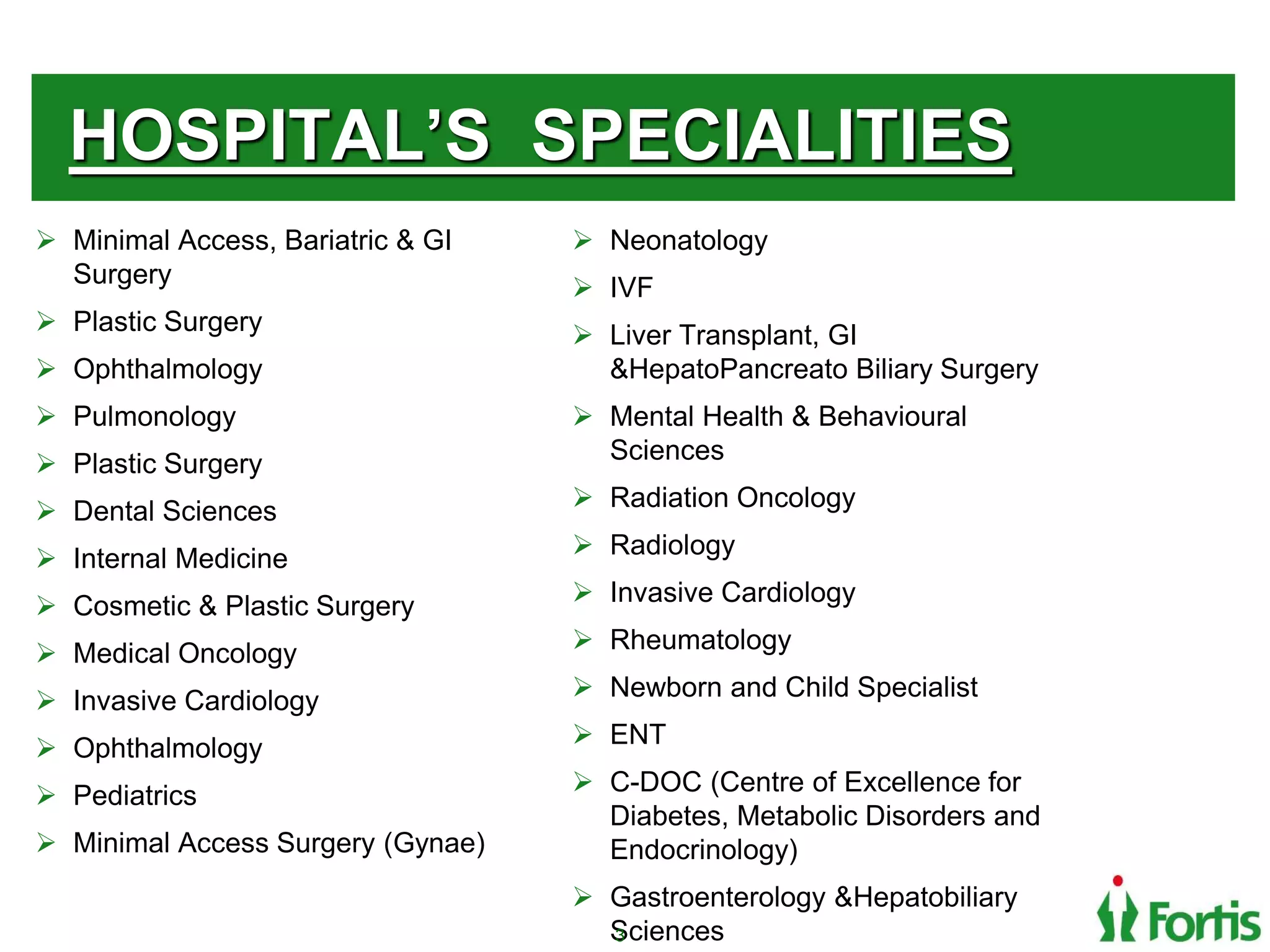 HOSPITAL’S SPECIALITIES
 Minimal Access, Bariatric & GI
Surgery
 Plastic Surgery
 Ophthalmology
 Pulmonology
 Plastic Surgery
 Dental Sciences
 Internal Medicine
 Cosmetic & Plastic Surgery
 Medical Oncology
 Invasive Cardiology
 Ophthalmology
 Pediatrics
 Minimal Access Surgery (Gynae)
 Neonatology
 IVF
 Liver Transplant, GI
&HepatoPancreato Biliary Surgery
 Mental Health & Behavioural
Sciences
 Radiation Oncology
 Radiology
 Invasive Cardiology
 Rheumatology
 Newborn and Child Specialist
 ENT
 C-DOC (Centre of Excellence for
Diabetes, Metabolic Disorders and
Endocrinology)
 Gastroenterology &Hepatobiliary
Sciences3
 