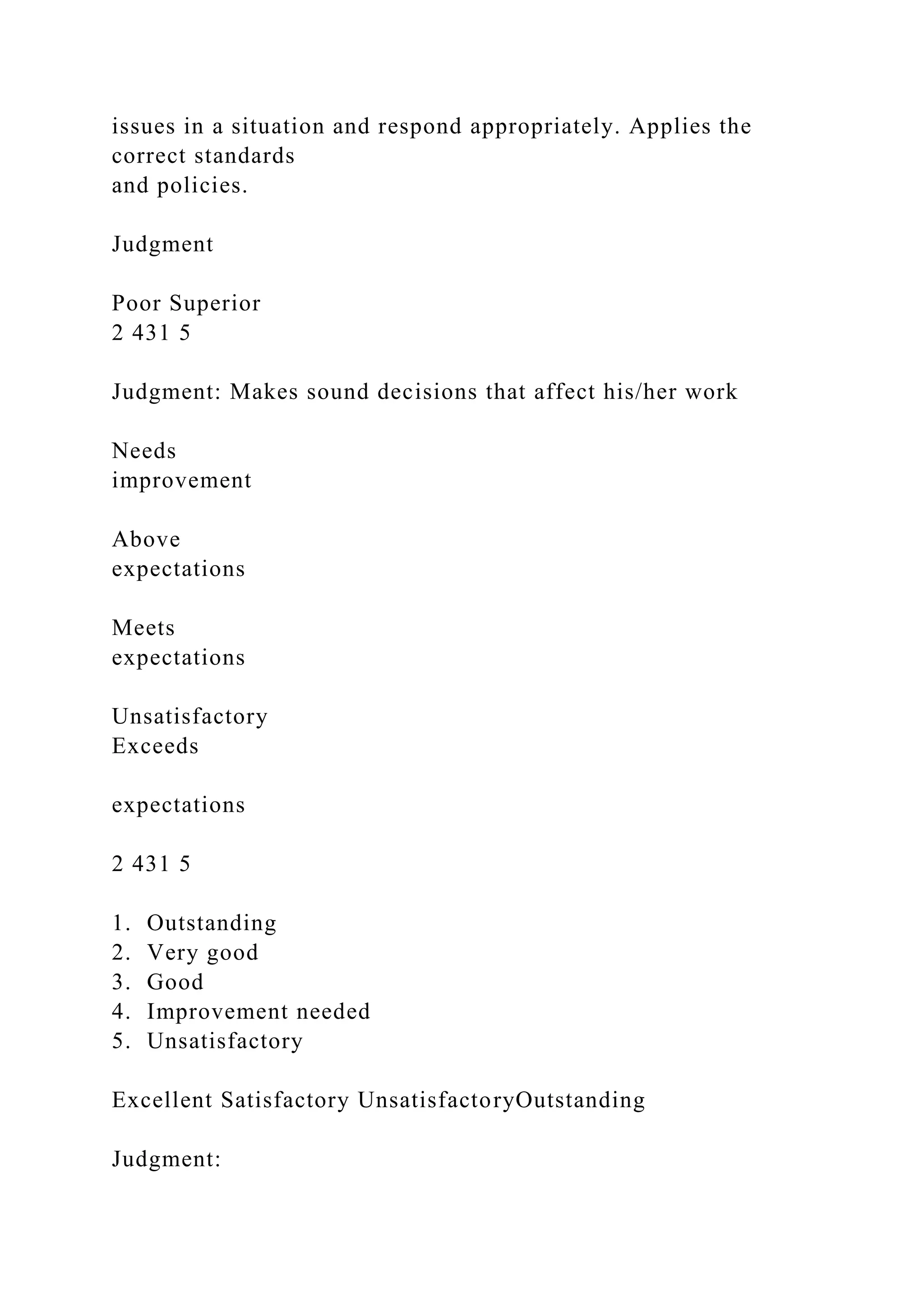 issues in a situation and respond appropriately. Applies the
correct standards
and policies.
Judgment
Poor Superior
2 431 5
Judgment: Makes sound decisions that affect his/her work
Needs
improvement
Above
expectations
Meets
expectations
Unsatisfactory
Exceeds
expectations
2 431 5
1. Outstanding
2. Very good
3. Good
4. Improvement needed
5. Unsatisfactory
Excellent Satisfactory UnsatisfactoryOutstanding
Judgment:
 