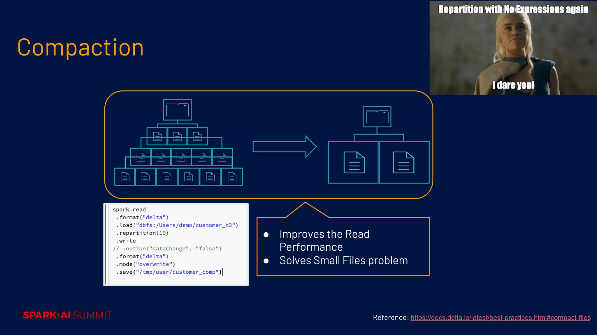 Compaction ● Improves the Read Performance ● Solves Small Files problem Reference: https://docs.delta.io/latest/best-practices.html#compact-files 